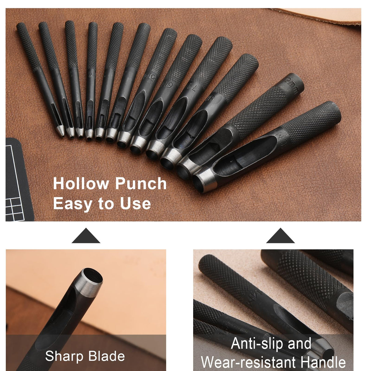 TLKKUE Hole Punch(1.0-10mm), Round Leather Working Hollow Punch Steel Heavy Duty Hole Punches with Leather Carving Hammer Cutting Mat for Watch Band, Belt, Wristband DIY Crafting TLKKUE