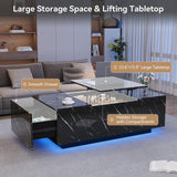 Lift Top Coffee Table, High Glossy Coffee Table with Wireless Charging and Speaker, Modern Coffee Table with 24 Colors LED Lights,Center Table with Drawer and Hidden Compartment for Living Room Black PPorfamilia