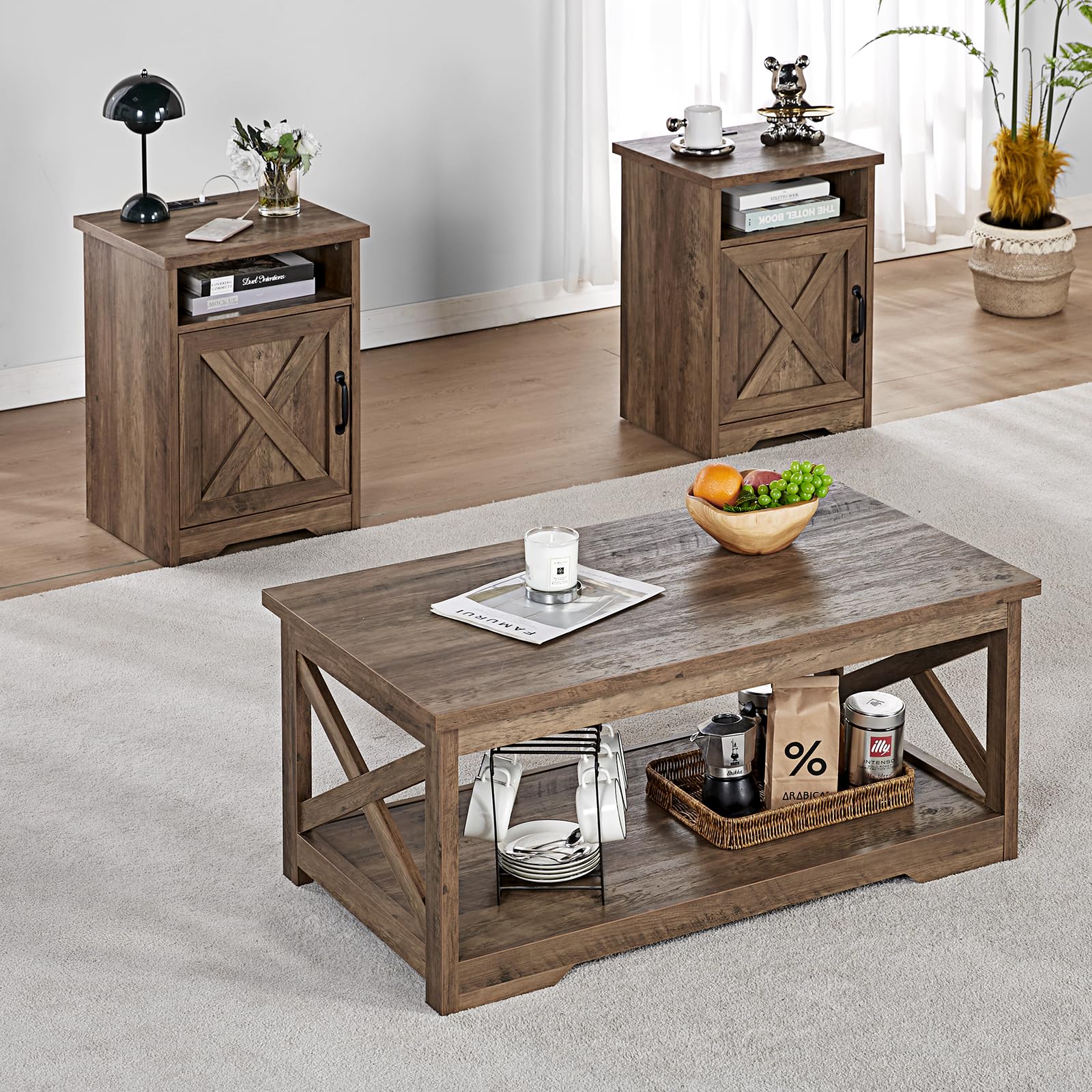 AMERLIFE 3-Piece Farmhouse Table Set Includes Coffee Table& Two End Tables, Side Table with Charging Station and USB Ports, for Living Room, Bedroom,Barnwood - WoodArtSupply