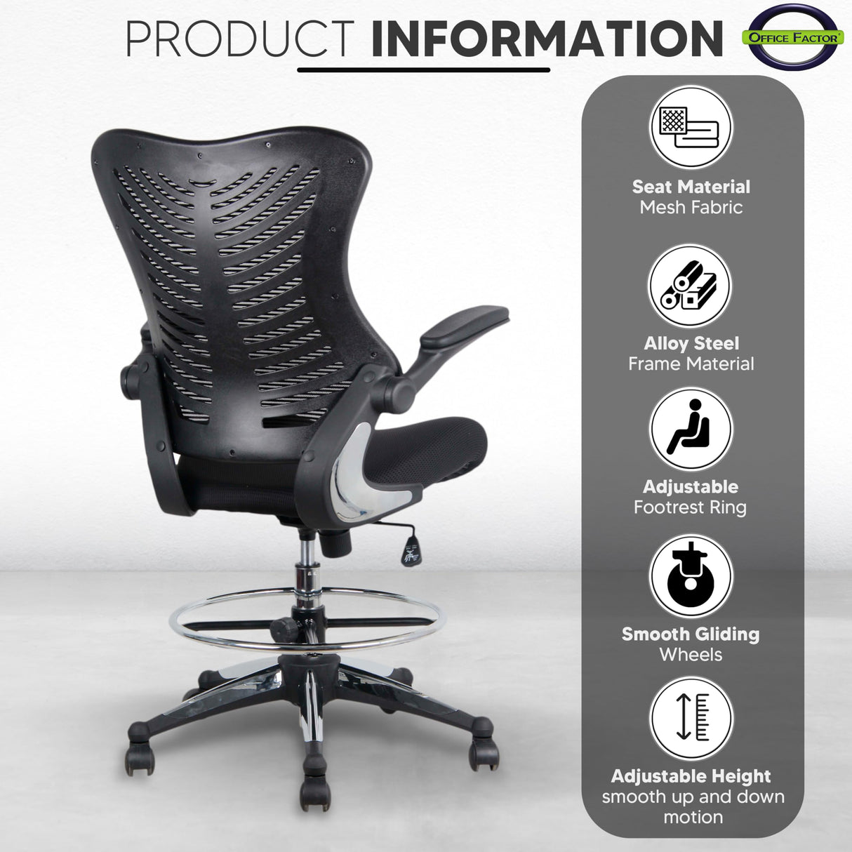OfficeFactor Ergonomic Drafting Chair Tall Office Chair Standing Desk Chair Flip up Armrests Molded Foam Seat with Adjustable Footrest Ring Lumbar Support (Black MESH Fabric) OFFICE FACTOR