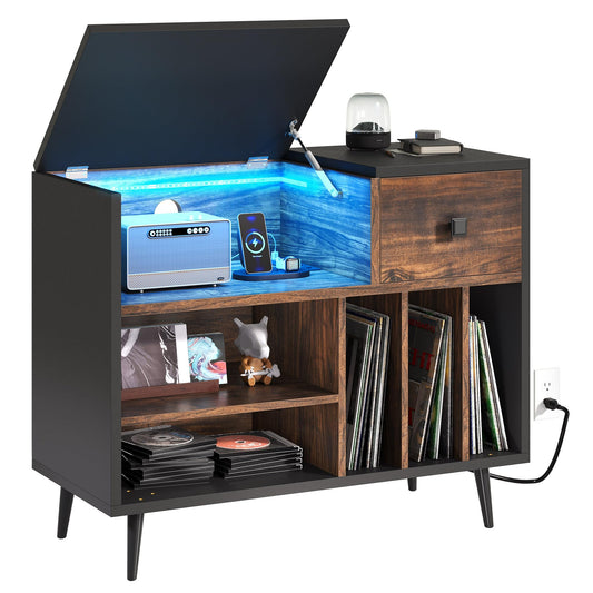 DWVO Record Player Stand with Power Outlets & LED Light, Record Player Table with Vinyl Record Storage Cabinet Holds Up to 380 Albums, Turntable Stand with Wooden Legs for Living Room, Walnut