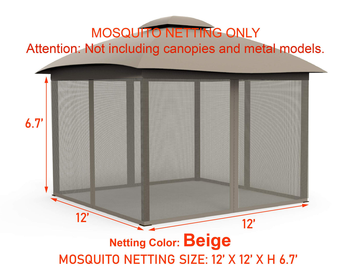 Gazebo Mosquito Netting Screen 4-Panels Universal Replacement for Patio, Outdoor Canopy, Garden and Backyard (12'x12', Beige)