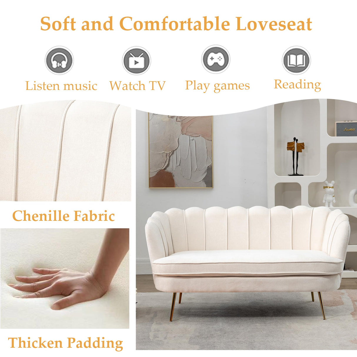 DWOYFO 59” Small Modern Chenille Loveseat Sofa, 2-Seater Sofa with Gold Metal Legs, Small Couch with Flower Shaped Back for Living Room Bedroom Office (Beige & Chenille) DWOYFO