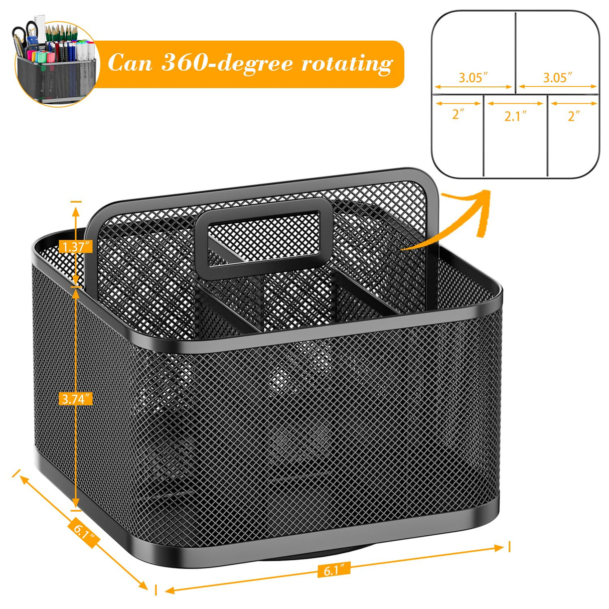 LUCYCAZ 360 Rotating Metal Pencil Pen Holder for Desk, Rotating Pencil Cup with 5 Slots, Dual-Purpose Desk Pen Organizer for Office, School, Home, Square LUCYCAZ