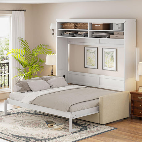 Harper & Bright Designs Queen Size Murphy Bed Cabinet Wall Bed Chest with Sofa, Storage Bookshelves, Wooden Murphy Bed Frame for Home Office Guest Room Bedroom, White Harper & Bright Designs