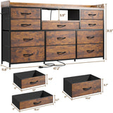 EnHomee Dresser TV Stand with 11 Drawers for 60" TV Stand for Bedroom with LED Lights & Power Outlets Long Dresser for Bedroom with Shelves & 4 Hooks, Sturdy Metal Frame & Thick Wood Top, Rustic Brown EnHomee