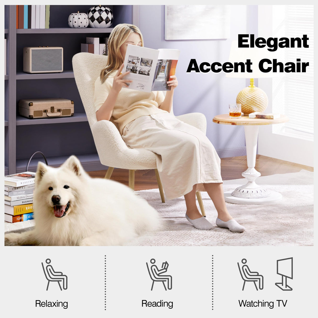 Yaheetech Accent Chair, Modern Boucle Vanity Chair with High Back and Wood-Tone Metal Legs, Sherpa Chair for Living Room, Home Office, Ivory Yaheetech