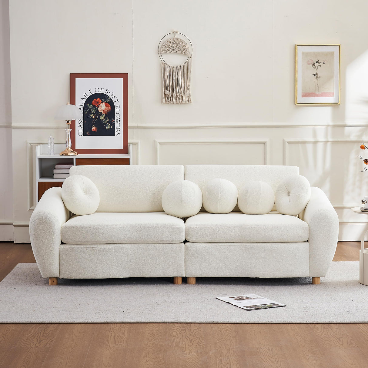 DREAMODERN 84.6-inch Sectional Curved Sofa Couch for Living Room, Modern Contemporary Upholstered Sofa Couch Chenille Fabric Couch with 5 Decorative Throw Pillows for Apartment Office - Beige DREAMODERN