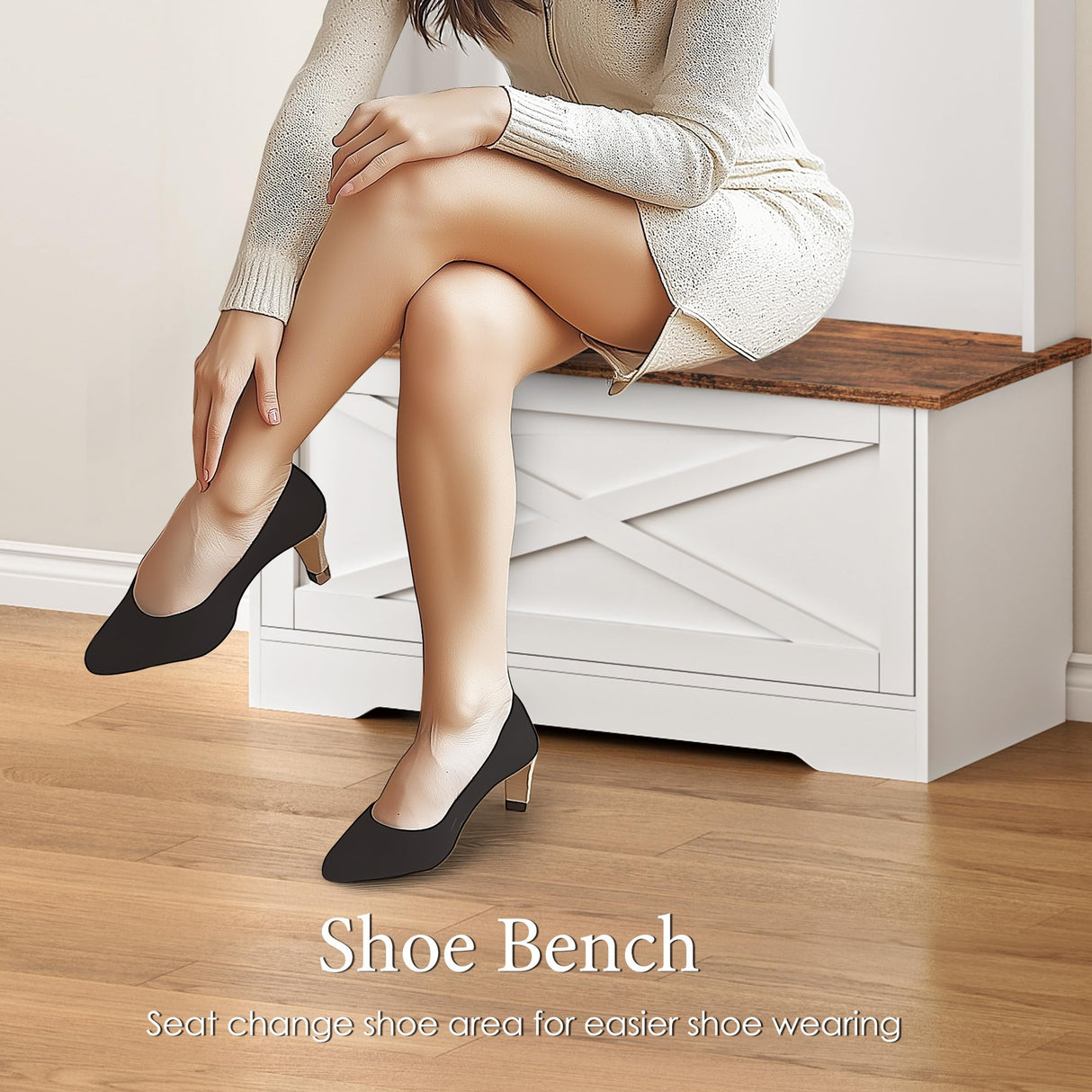 SogesHome Hall Tree with Bench, Coat Rack Close Storage with Shoe Bench, Farmhouse Tree Hall with 2 Storage Cabinet, 5 Hooks, Narrow Tall Cabinet for Entryway and Space Saving SogesHome