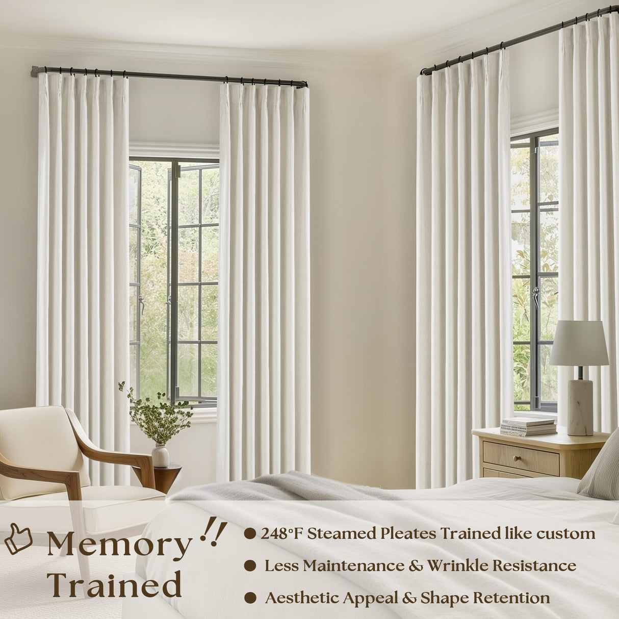 102 Inches Long Pinch Pleated Linen Blackout Curtains for Bedroom Back Tab Track Memory Trained Shape Farmhouse Light Blocking Curtains 102 Inch Length for Living Dining Room Darkening Drapes Cream TWODRAPES