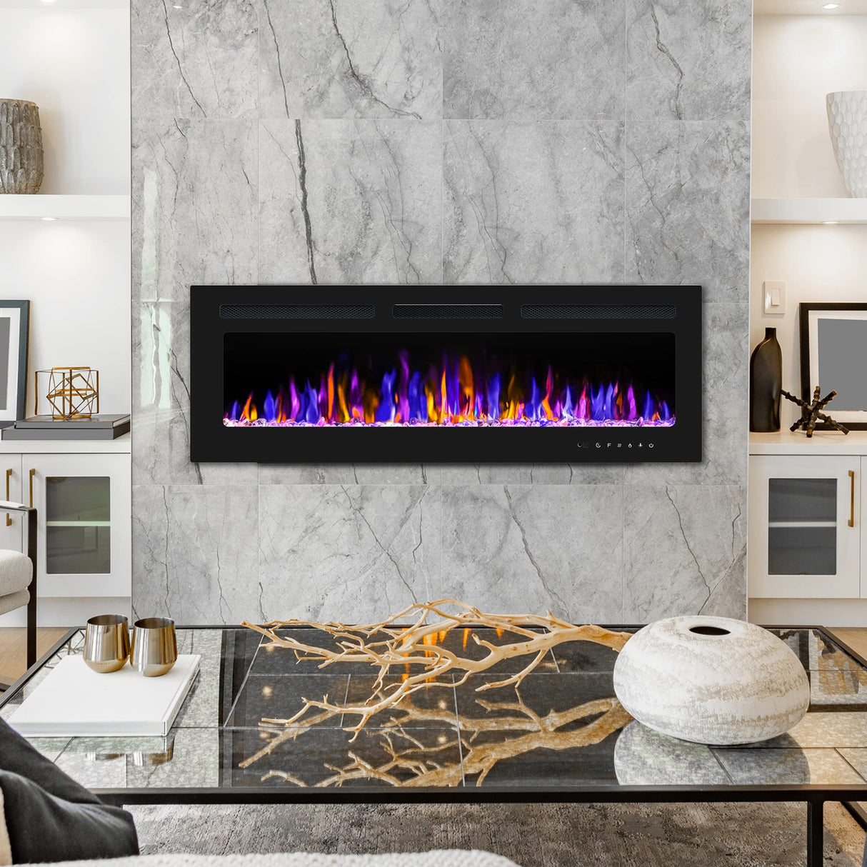 BETELNUT 50" Electric Fireplace Wall Mounted and Recessed with Remote Control, 750/1500W Ultra-Thin Wall Fireplace Heater W/Timer Adjustable Flame Color and Brightness, Log Set & Crystal Options BETELNUT