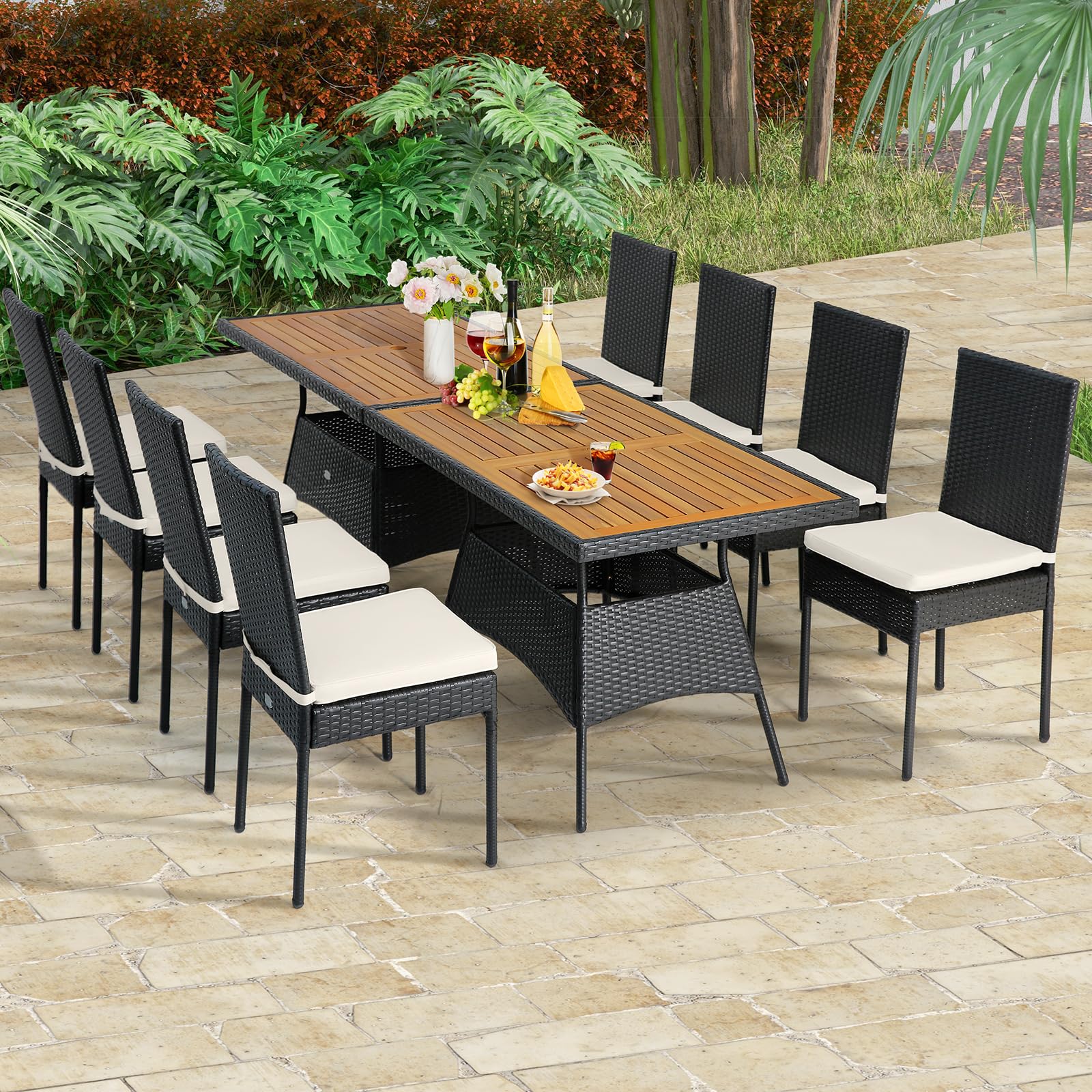 Tangkula 10 Piece Wicker Patio Dining Set, Outdoor Rattan Table & Chairs Set with Padded Cushions, Patio Furniture Dining Acacia Wood Table Set for Balcony Patio Garden Poolside - WoodArtSupply