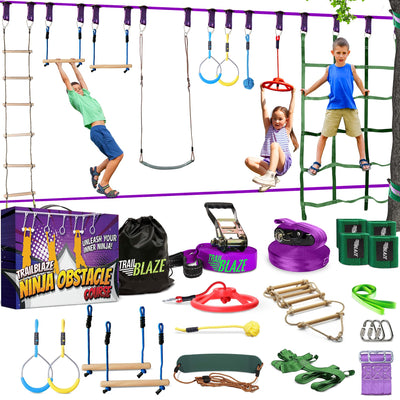Ninja Warrior Obstacle Course for Kids Workout Equipment, 2 x 55ft Slacklines with 10 Weatherproof & Durable Ninja Kids Toys - Ninja Course for Kids Outside , Kids Obstacle Course Backyard