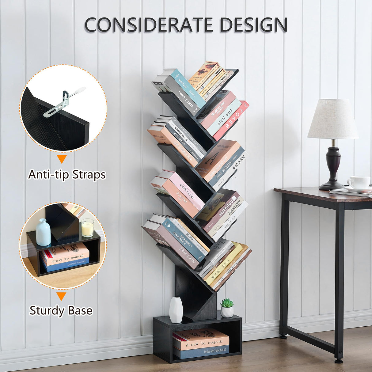 Tajsoon 9-Tier Black Tree Bookshelf with Drawer – Modern Home Storage Solution Tajsoon