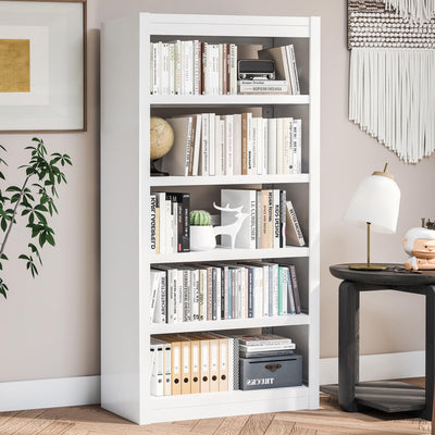 RGGCABINET Metal Bookshelf, 5-Tier Bookcase with Adjustable Storage Shelves, White Book Shelf with Book Stopper, Modern Bookshelf for Living Room, Library, Home, Office