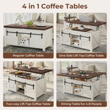 UPOSOJA Lift Top Coffee Table for Living Room with 4 Sliding Barn Doors, 4 in 1 Farmhouse Coffee Table with Adjustable Shelves and Hidden Storage Compartment, Converts to Dining Table (Brown White) UPOSOJA
