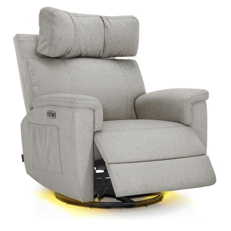 MCombo Oversized Swivel Glider Rocker Recliner with Adjustable Headrest, Dual Motor Power Recliner for Nursery, Led Nightlight, Fabric PR601 (Mist Grey) MCombo