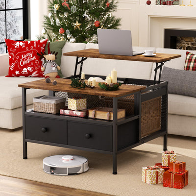 FABATO Lift Top Coffee Table, Square Coffee Table Metal Wood, Farmhouse Lift Up Coffee Table Cocktail Table with Wire Mesh Barn Door and Storage, Steel Frame, Small Tea Table for Living Room, Black