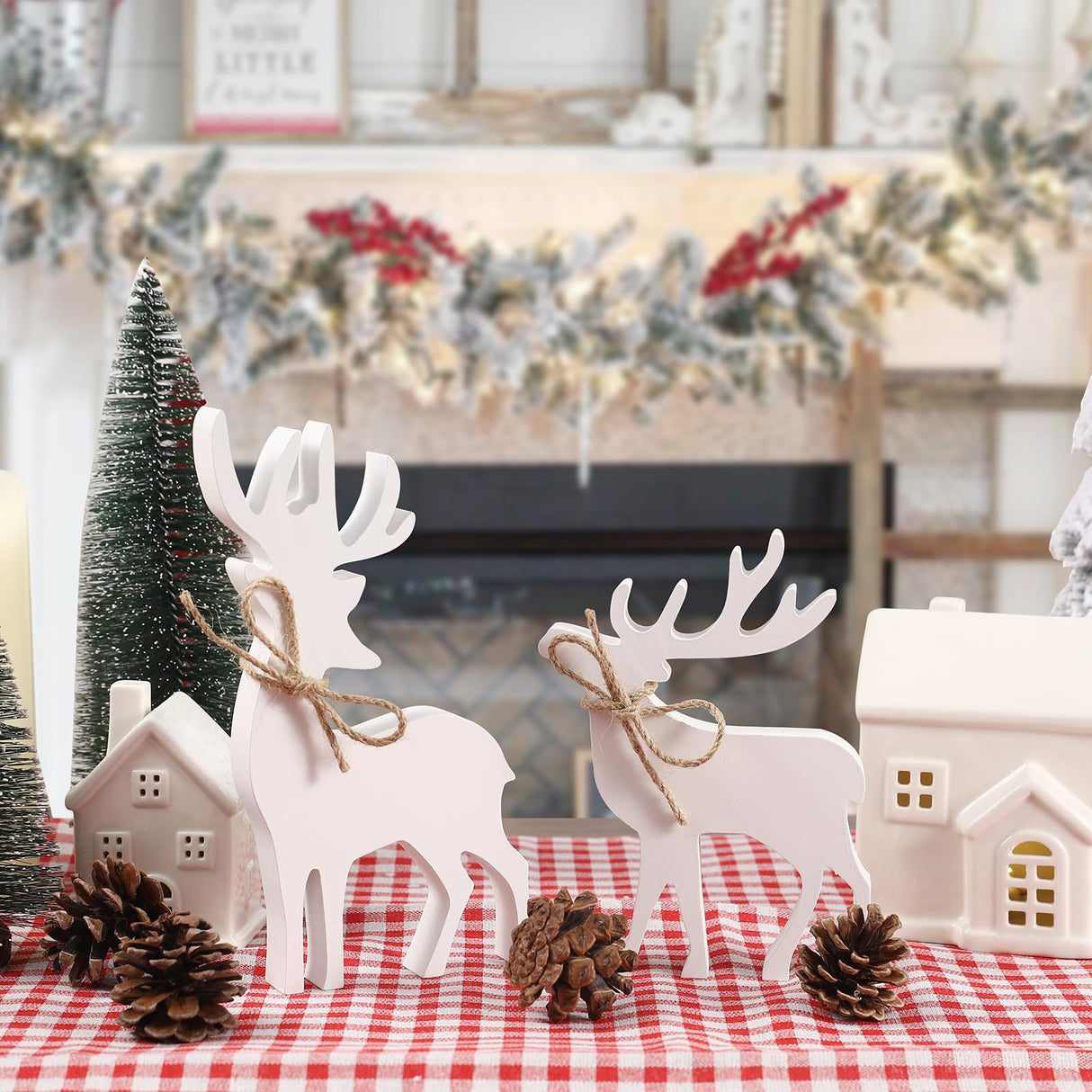 Christmas Decorations-2PCS Wooden Reindeer Sign-Christmas Decorations for Home Shelf Mantel Table Windowsill Party Decor FunouHome