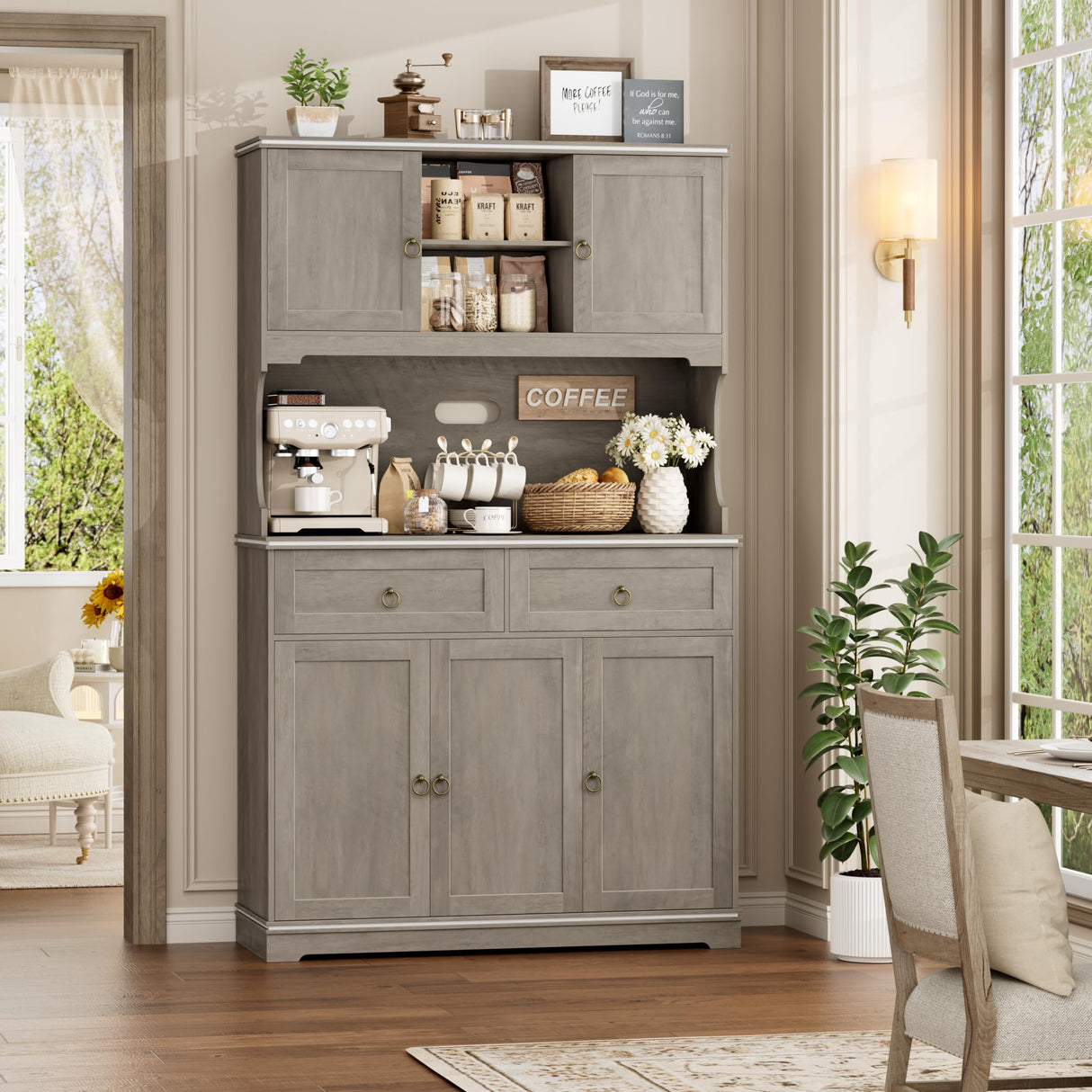 HOSTACK 71" Tall Pantry Cabinet with Power Outlets, Kitchen Pantry Storage Cabinet with Microwave Stand, Farmhouse Kitchen Hutch with Drawers, Food Pantry Large Cupboard for Dining Room, Ash Grey HOSTACK