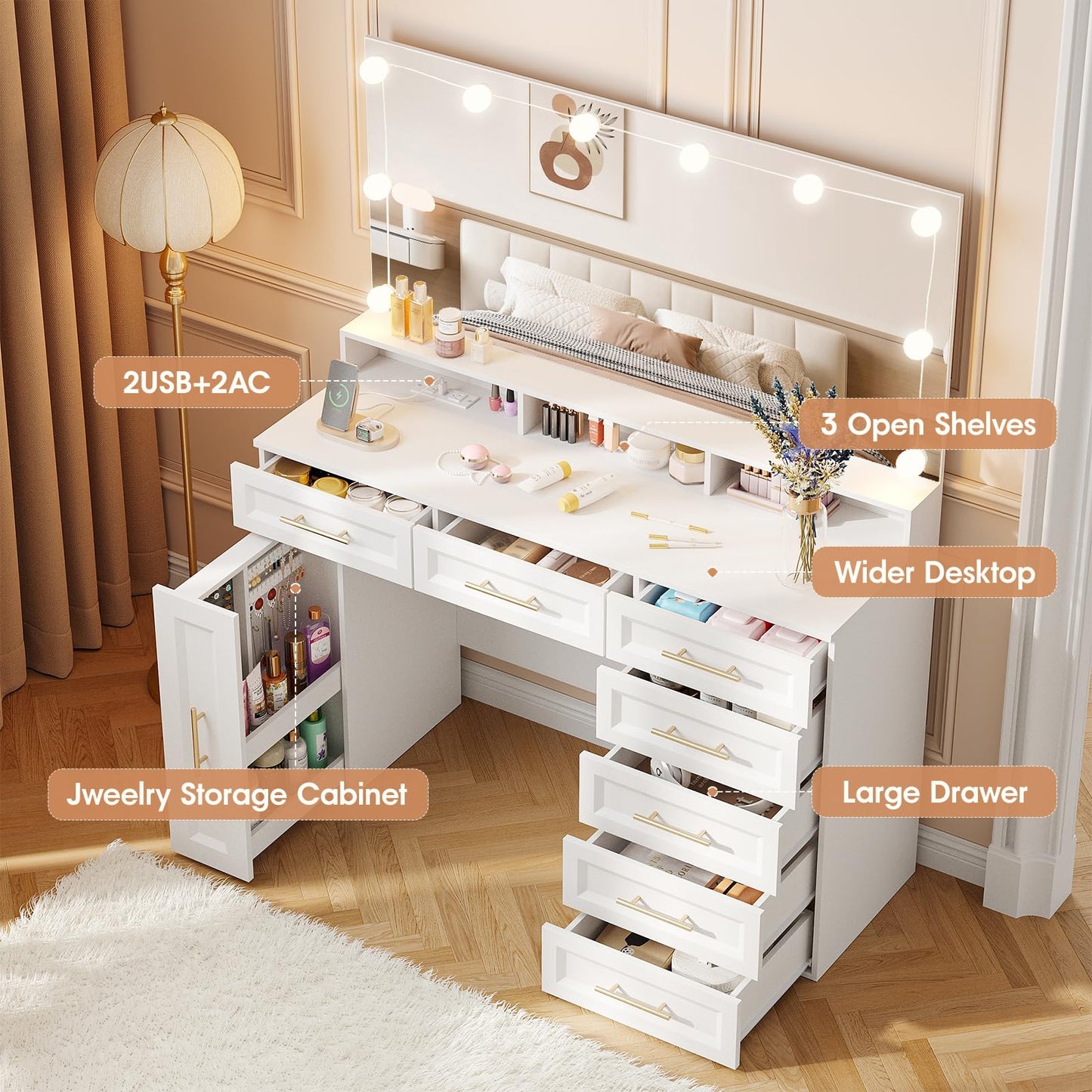 Vabches Large Makeup Vanity Desk, 47" White Vanity Table with Mirror and Lights, 3 Modes Adjustable Brightness and Jewelry Cabinet, Glass Top Vanity with Power Outlet and 7 Drawers for Bedroom