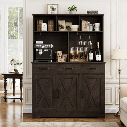 HOSTACK Buffet Cabinet with Hutch, Modern Farmhouse Kitchen Buffet Sideboard Storage Cabinet with 3 Drawers, Barn Door Coffee Bar Station, Liquor Cabinet for Dining Room, Living Room, Dark Br - WoodArtSupply