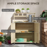Outsunny Potting Bench, Outdoor Wooden Potting Table with Storage Cabinet with 2 Shelves, Garden Work Bench with Galvanized Plated Tabletop for Backyard, Balcony, Natural Outsunny