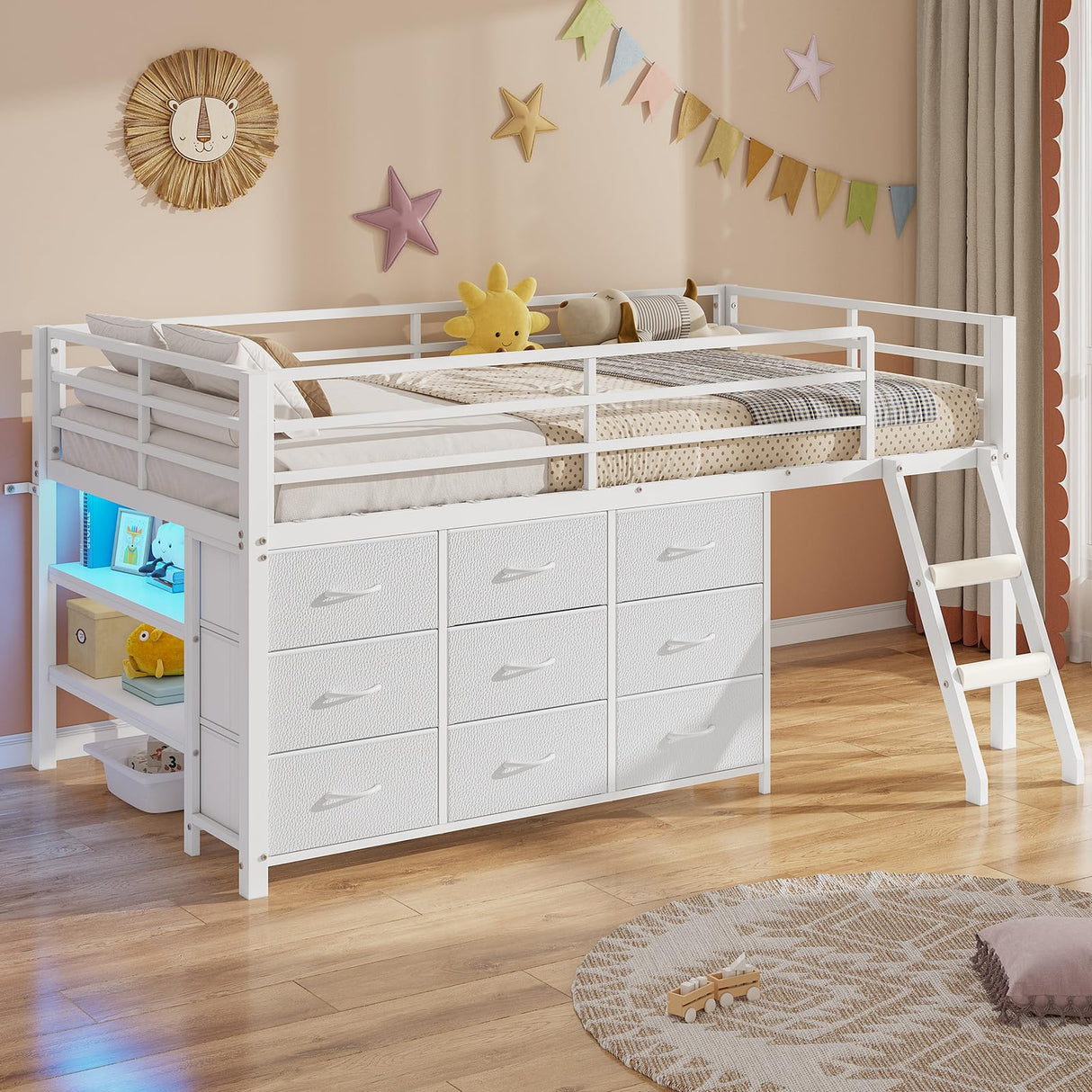 BTHFST Twin Loft Bed for Kids, Low Loft Bed Twin Size with 9 Storage Dresser, LED Lights, 2 Storage Shelves & Stairs, Metal White Bed with Safety Guardrail for Young Teens, Space Saving, White BTHFST