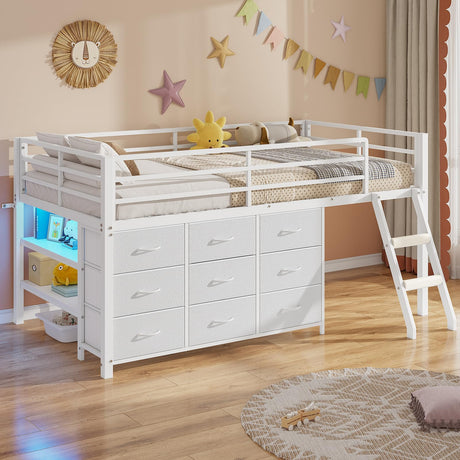 BTHFST Twin Loft Bed for Kids, Low Loft Bed Twin Size with 9 Storage Dresser, LED Lights, 2 Storage Shelves & Stairs, Metal White Bed with Safety Guardrail for Young Teens, Space Saving, White BTHFST