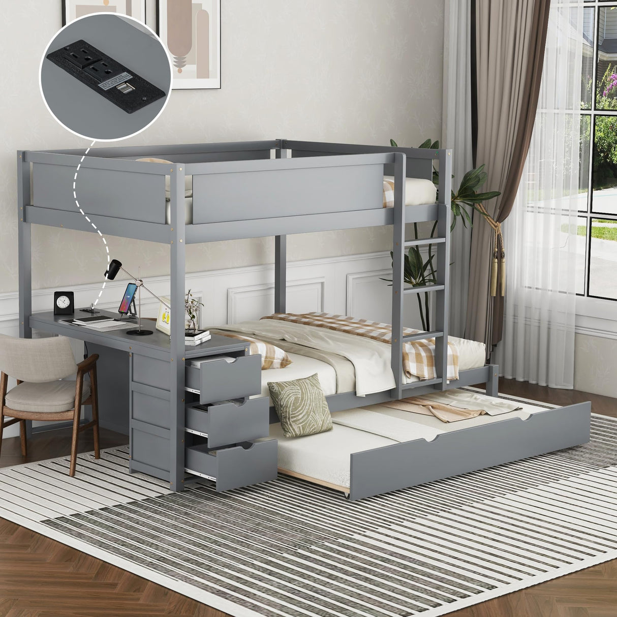 Harper & Bright Designs Full Over Full Bunk Bed Twin Size Trundle, Wood Full Bunk Bed with USB Ports, Storage and Desk, Gray Harper & Bright Designs