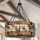 6-Light Farmhouse Wood Chandelier for Dining Room, Rustic Foyer Light Fixtures, Industrial Drum Hanging Lights for Kitchen Island Entryway, Nature Wood Texture and Black Metal Finish WOAEKR