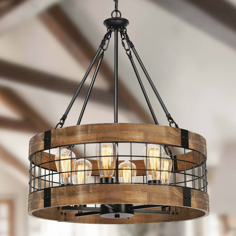 6-Light Farmhouse Wood Chandelier for Dining Room, Rustic Foyer Light Fixtures, Industrial Drum Hanging Lights for Kitchen Island Entryway, Nature Wood Texture and Black Metal Finish WOAEKR