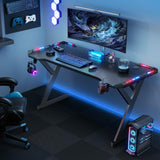 HLDIRECT 40 INCH Gaming Desk with LED Lights, Home Office Gamer Desk, Ergonomic Computer Table with Large Carbon Fiber Desktop, Office Workstation, Cup Holder & Headphone Hook, Black HLDIRECT