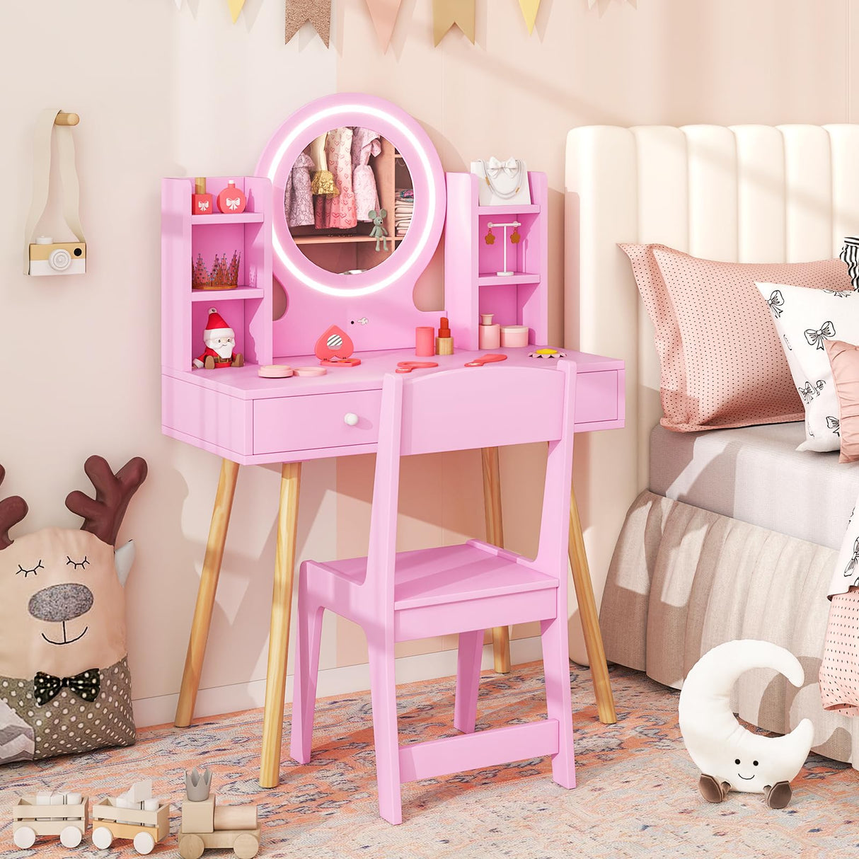 Costzon Kids Vanity, Girls Vanity Set with Mirror and Stool and Lights, Drawers, Storage Shelves, Wooden Toddler Makeup Vanity Desk Dressing Table, Pretend Play Kids Vanity Table and Chair Set (Pink) Costzon