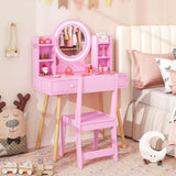 Costzon Kids Vanity, Girls Vanity Set with Mirror and Stool and Lights, Drawers, Storage Shelves, Wooden Toddler Makeup Vanity Desk Dressing Table, Pretend Play Kids Vanity Table and Chair Set (Pink) Costzon
