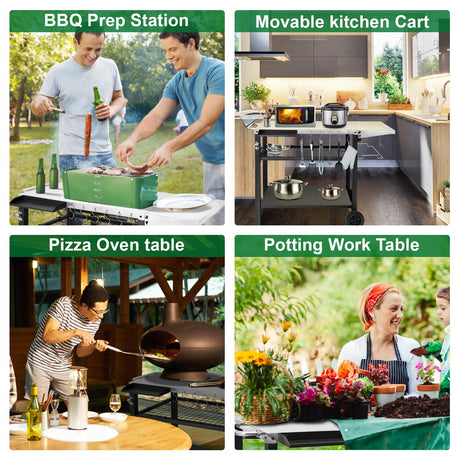 EDOSTORY Outdoor Grill Cart Table Pizza Oven Stand, Three-Shelf Stainless Steel Food Prep Table Patio BBQ Grill Table Bar Cart Kitchen Island with Wheels EDOSTORY