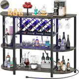 Unikito 4-Tier Metal Coffee Bar Cabinet with Outlet and LED Light, Freestanding Floor Bar Table for Liquor with Glass Holder and Wine Rack Storage, Wine Bakers Rack for Kitchen Dining Room, Gray Oak Unikito