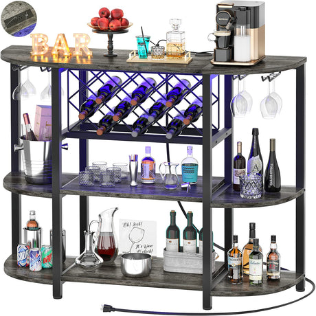 Unikito 4-Tier Metal Coffee Bar Cabinet with Outlet and LED Light, Freestanding Floor Bar Table for Liquor with Glass Holder and Wine Rack Storage, Wine Bakers Rack for Kitchen Dining Room, Gray Oak Unikito
