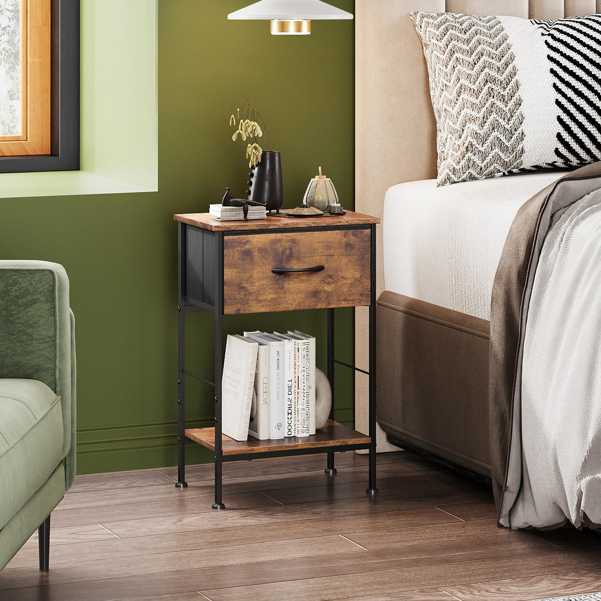 WLIVE Nightstand Set of 2, End Table with Fabric Storage Drawer and Open Wood Shelf, Bedside Furniture with Steel Frame, Side Table for Bedroom, Dorm, Rustic Brown Wood Grain Print, 24.9" Height WLIVE