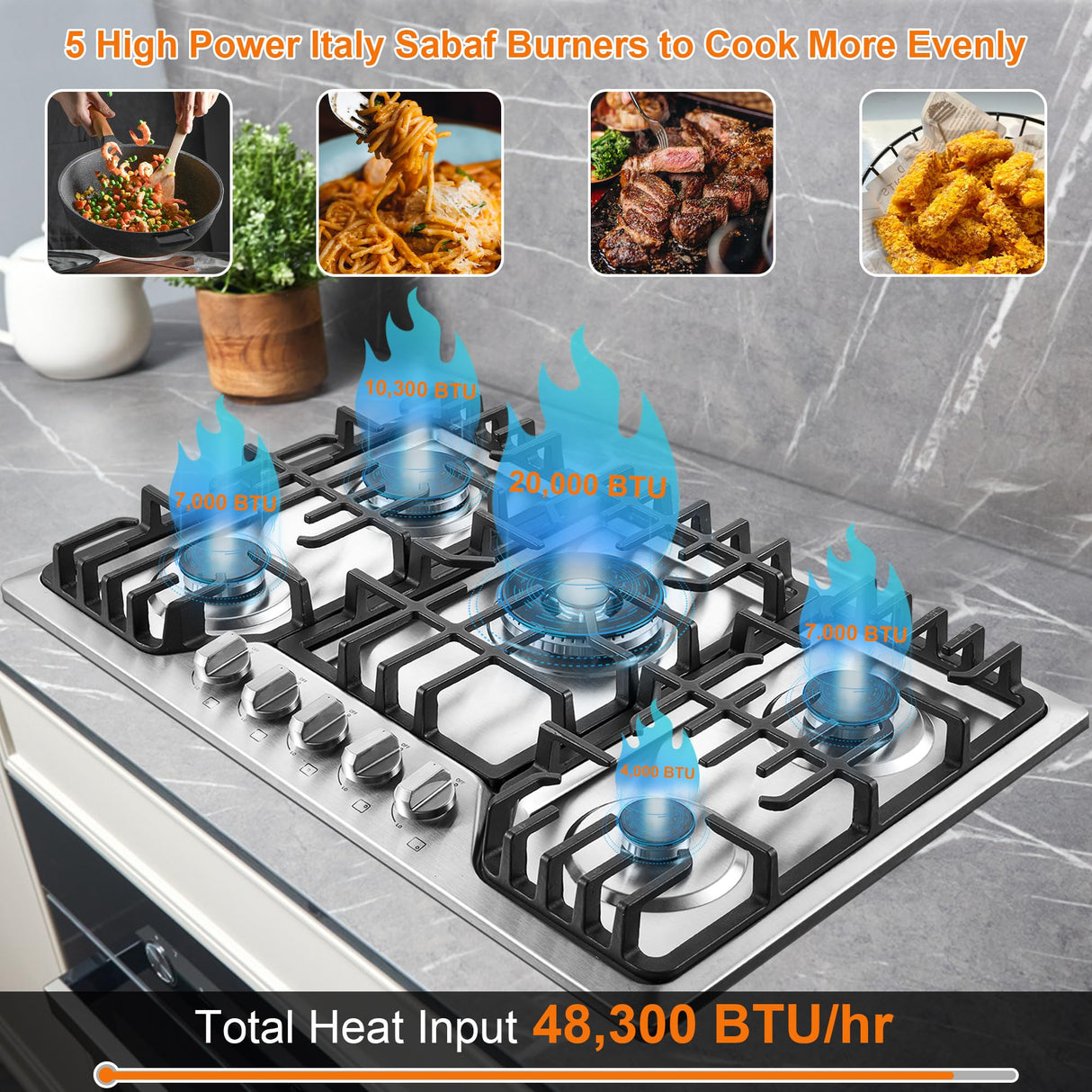30 Inch Bulit-In Gas Cooktop with Griddle, 5 Italy SABAF Powerful Burners Over 92% High Efficiency, Max 48300BTU Gas Stove Top, 304 Stainless Steel Panel, NG/LPG Convertible, CSA Certified Amzgachfktch