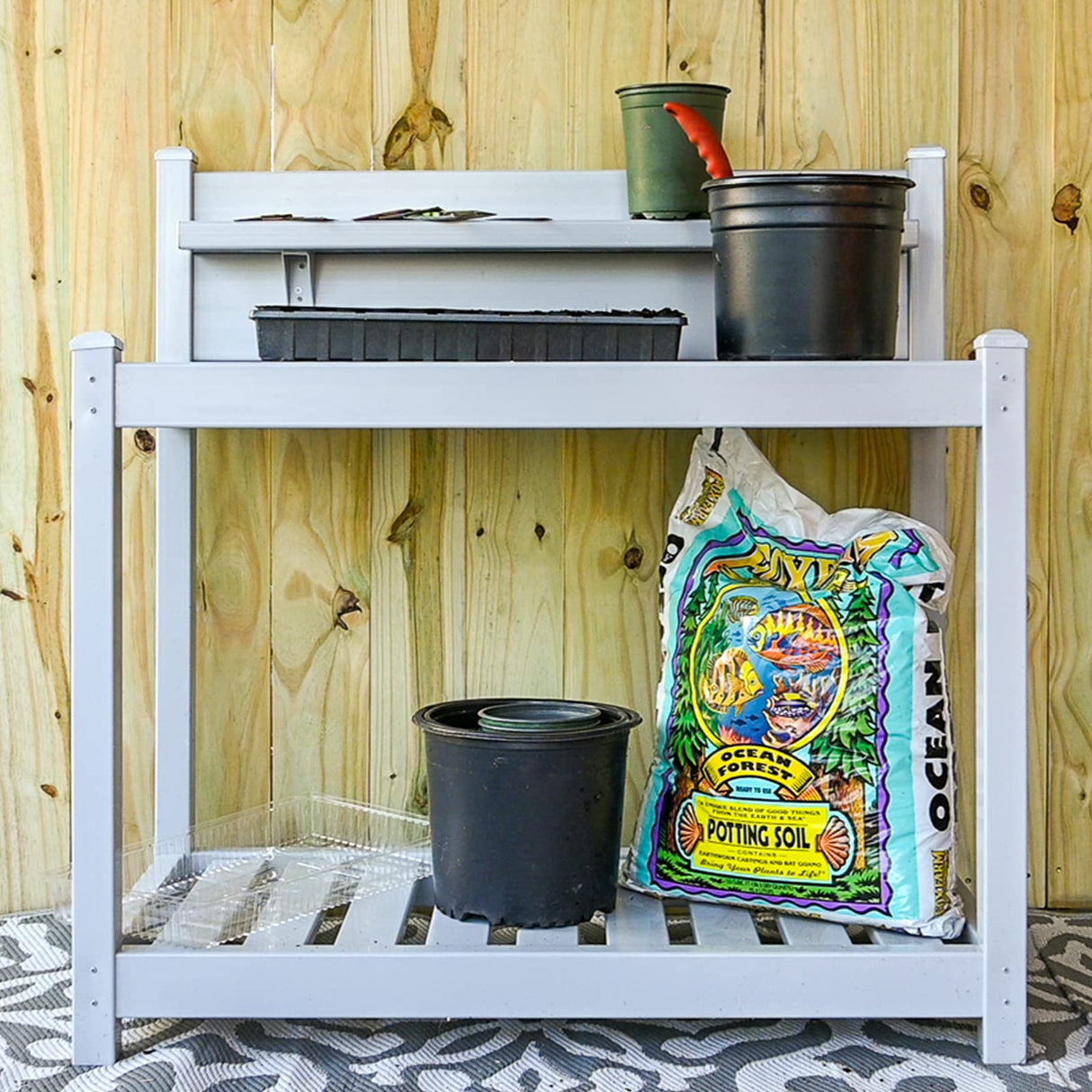 EAGLE PEAK Outdoor Indoor Maintenance Free Vinyl Garden Potting Bench, Waterproof Potting Table with Open Shelf, Lower Storage, 40inx21.6inx43.9in, Gray EAGLE PEAK