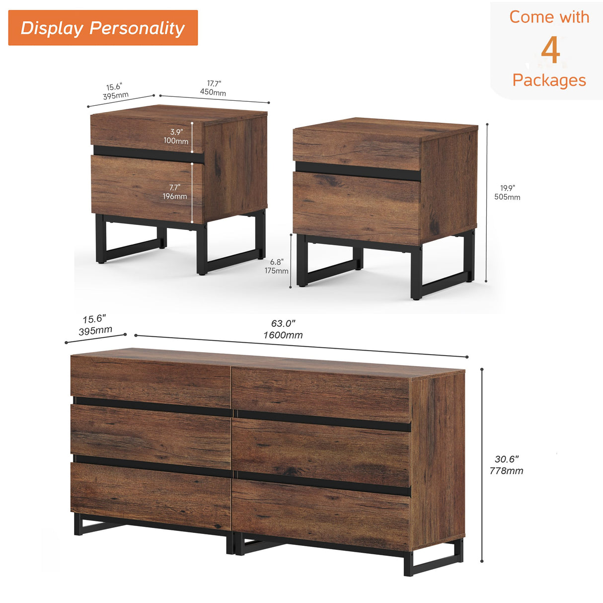 WAMPAT 3 Piece Dresser and Nightstand Sets, 63 Inches Dresser &Chest with 6 Drawers, 2 Nightstand with 2 Drawers Side Table for Bedroom, Bedroom Furniture Set,Brown WAMPAT