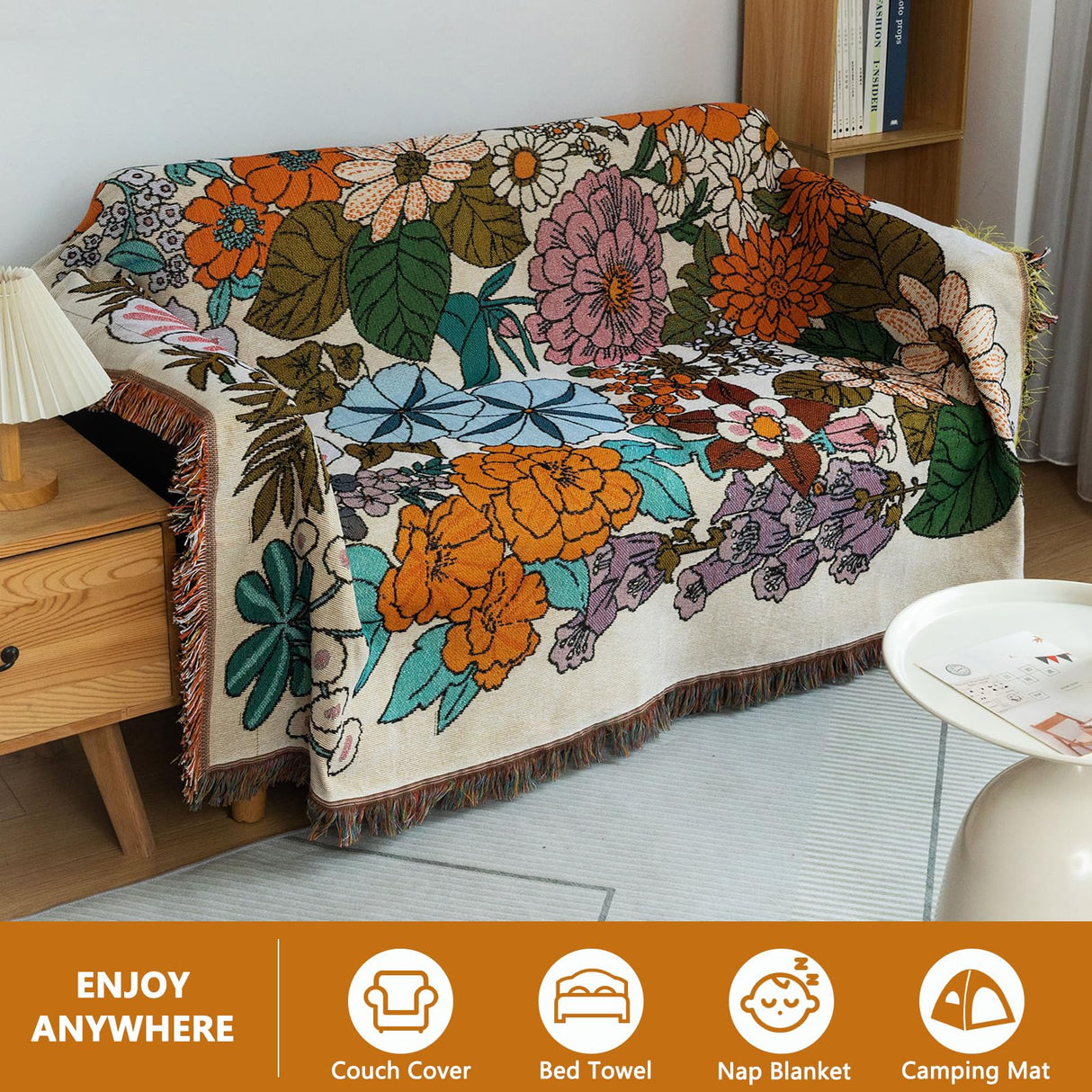 DREAMINGO Chic Farmhouse Sofa Cover Blanket Floral Jacquard Couch Cover for 3 Cushion Couch Sofa Sectional Couch Cover Universal Furniture Protector Tassel Trim Couch Covers for Sofa, 71"x150" DREAMINGO