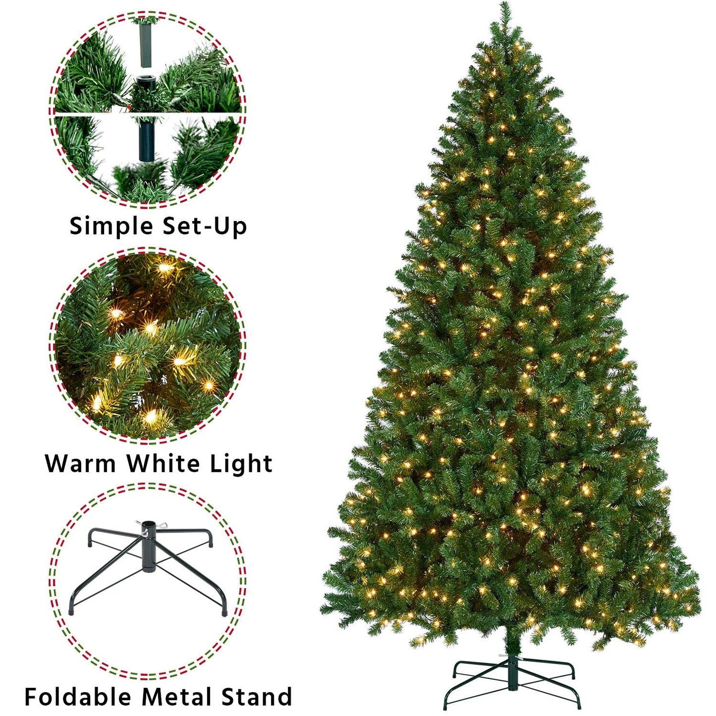 Yaheetech 9ft Pre-lit Spruce Artificial Hinged Christmas Pine Tree Prelighted Holiday Xmas Tree for Home Party Decoration with 850 Warm White Lights and 2160 Branch Tips, Green