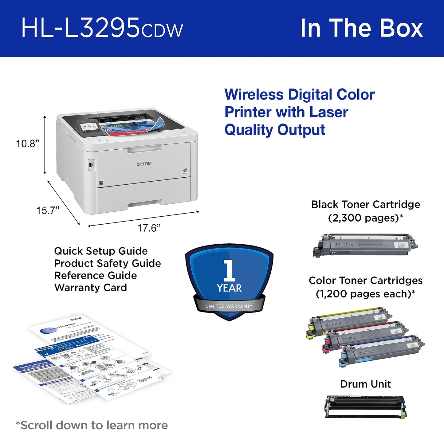 Brother HL-L3295CDW Wireless Compact Digital Color Printer with Laser Quality Output,Duplex,NFC,Mobile & Ethernet Includes 4 Month Refresh Subscription Trial,Amazon Dash Replenishment Ready,HLL3295CDW