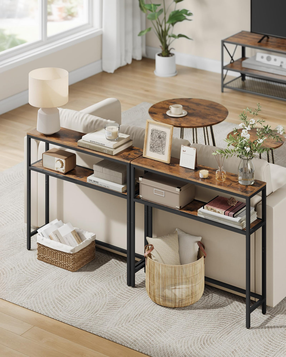 VASAGLE Console Table, 2-Tier Sofa Table, 7.9 x 31.5 x 31.5 Inches, Narrow Entryway Table, Modern Entry Table with 2 Shelves, for Living Room, Bedroom, Rustic Brown and Ink Black ULNT130K01 VASAGLE