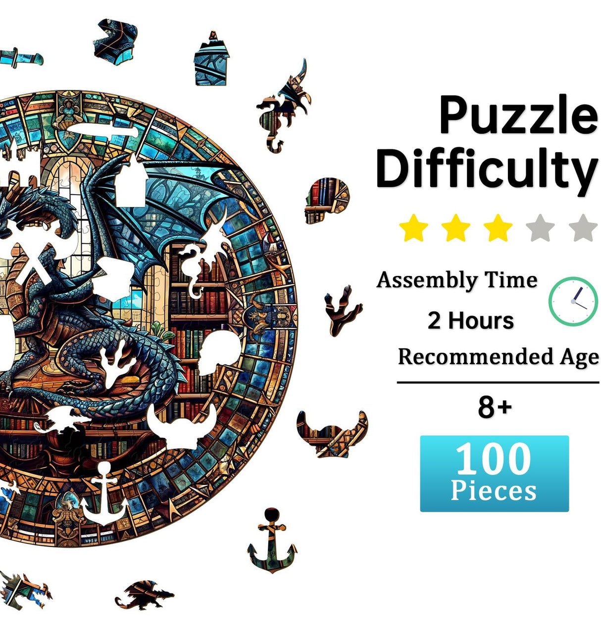 Jigfoxy Wooden Puzzles for Adults, Dragon's Library Wood Puzzles Adult, Unique Animal Shape Wooden Jigsaw Puzzles, Birthday Gifts for Puzzles Lovers Family Friend (S-8.5 * 8.5in-100pcs) Jigfoxy