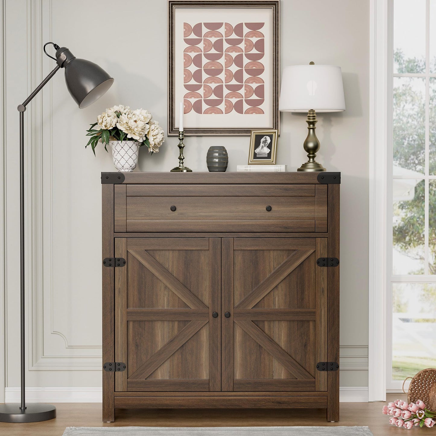 Flamaker Sideboard Buffet Cabinet with Storage, Farmhouse Coffee Bar Cabinet with 1 Drawer and 2 Barn Doors, Barn Door Console Table, Storage Cabinet for Kitchen, Dining Room, Entryway (Brown - WoodArtSupply