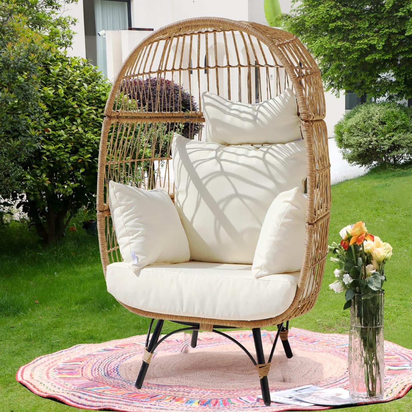 NICESOUL Modern Stationary Wicker Egg Chair with 5 Thicken Cushions, Indoor Outdoor Large Oversized PE Rattan Egg Basket Chair Boho Lounger for Living Room Bedroom Porch Patio Backyard, 440 lbs Beige