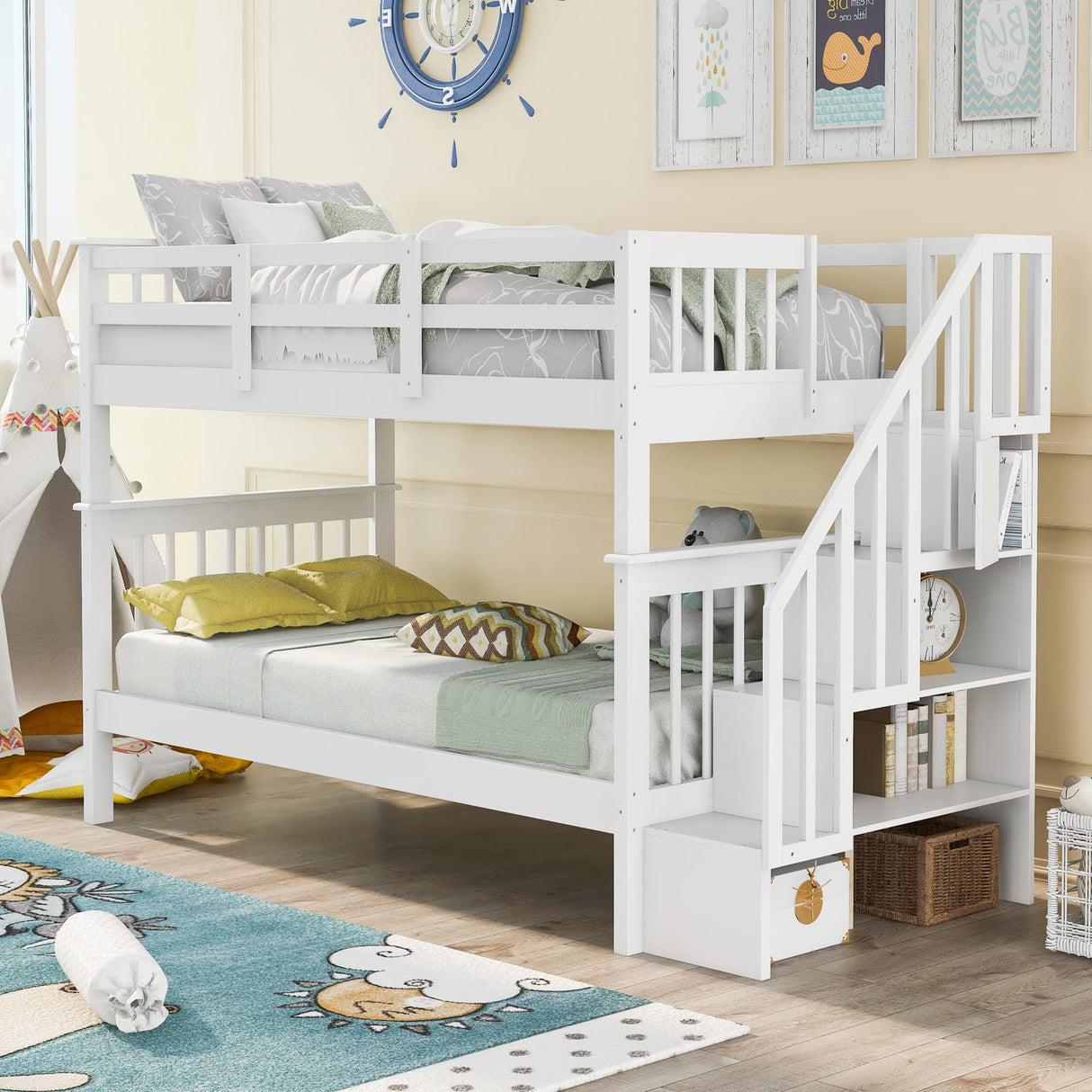 Harper & Bright Designs Twin Over Twin Bunk Bed with Stairs, Solid Wood Bunk Bed Frame with Storage for Kids Teens Adults Bedroom Dorm - White Harper & Bright Designs